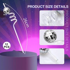 Pack of 12 Disco Ball Straws, Disco Party Straws, Reusable Straws, Curly Party Straws, Disco Party Straws, for Birthday Party Accessories, 70s Themed, Silver (A)