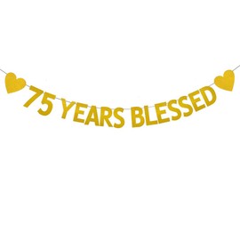XIAOLUOLY Gold 75 YEARS BLESSED Glitter Banner,Pre-Strung,75th Birthday/Wedding Anniversary Party Decorations Bunting Sign Backdrops,75 YEARS BLESSED