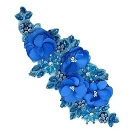 1pc Handmade Rhinestone Applique for Clothes, 3D Flower Fabric Patches for Wedding Dress, Bling Beaded Embroidery Lace Applique for Hat Hairband Sewing Embellishment (Deep Blue)