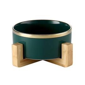Green Gold 6 inch Ceramic Cat Bowl with Wood Stand No Spill Pet Food Water Feeder Cats Small Dogs