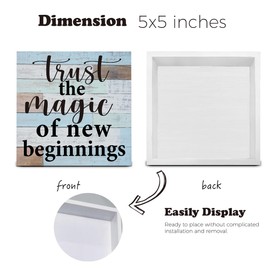 Trust the Magic of New Beginnings Wooden Box Sign Desk Decor, Inspirational Quote Wood Box Sign for Home Office Shelf Table Decoration 5 X 5 Inch
