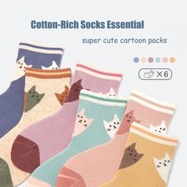 Kids Cotton Socks Girls Seamless Toe Socks Cartoon Crew Socks for Girls Cats 6 Pairs 6-8