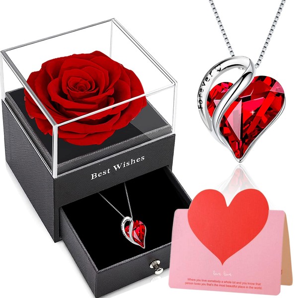 Willuck Eternal Rose, Eternal Rose with Necklace, Rose Eternal Gift Packaging, Real Rose with Pendant Ruby Silver 925 Women, Valentine's Day, Mother's Day, Anniversary, Wedding for Her
