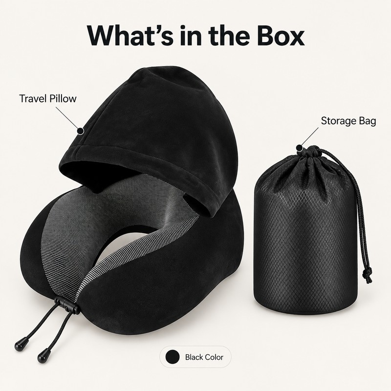 Hooded Travel Neck Pillow for Airplane & Car – U-Shaped