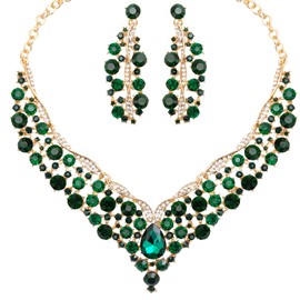 chaoyite Elegant Austrian Crystal V-Shaped Statement Necklace Earrings Set Bridal Wedding Prom Costume Jewelry For Bride Bridesmaid, Copper Alloy, Crystal Rhinestone