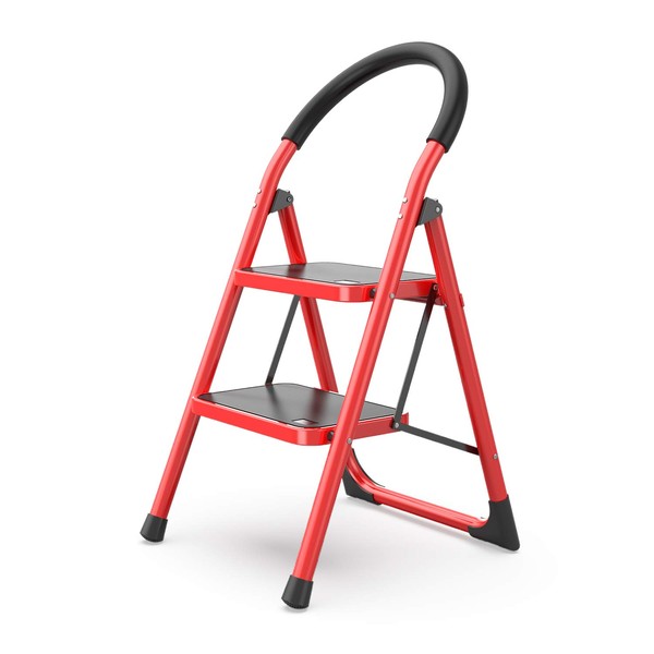 2 Step Ladder Folding Step Stool Stepladders with Anti-Slip and Wide Pedal for Home and Kitchen Use Space Saving (Red)