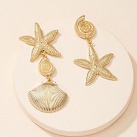 Gold Shell Starfish Dangle Earring Asymmetric Summer Earrings for Women Ocean Beach Party Jewelry (Gold1)