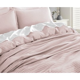 Get Bed Ready Stonewashed Cotton Narrow Pinstripes Chambray Duvet Cover Relaxed Minimal Classical Shore House Style Bedding Set Yarn Dyed Striped Pattern Nautical Breton Stripe (Twin, Blush)