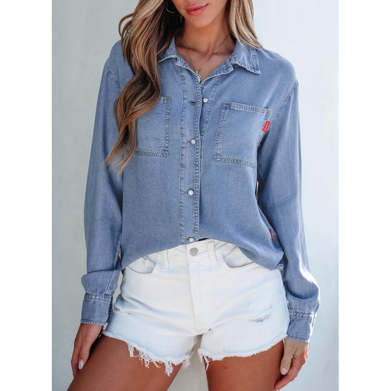 Sidefeel Women's Denim Shirts Button Down Jean Shacket Spring Outfit