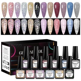 Four Lily Reflective Glitter Gel Polish 12 Pcs, Flash Dimond Black Gold Silver Nail Polish Sparkly Shiny Nail Art UV LED Curing Need Nail Gel for Manicure DIY and Salon 7ML