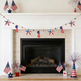 4th of July Decorations, Patriotic Memorial Day Americana Garland Decor, 6.3 Ft Metal Star and Sunglasses Hanging Banner, Red White and Blue Decorations for Home Fireplace Mantel Wall Party Decor