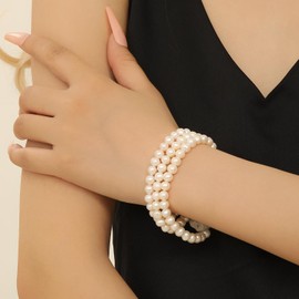Pearl Vibe AAA+ Quality Natural Freshwater Pearls Bracelet for Women | 6.5-7mm Round White Pearls with 925 Sterling Silver Lobster Buckle | 7.5 inch Triple Strand Pearl Bracelet