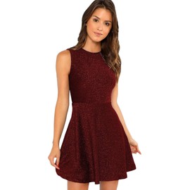 DIDK Women's Sleeveless A Line Flared Swing Glitter Above Knee Length Party Skater Dress Red XL