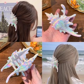 Conch Hair Claw Clips Summer Hair Clips Aurora Conch Hair Jaw Clip Large Acrylic Hair Clamp Barrettes Strong Hold Fashion Hair Decoration Beach Holiday Hair Accessories Marine Life Hairpin for Women