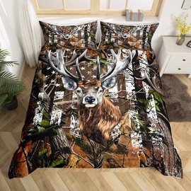 Deer Bedding Set American Flag Comforter Cover for Kids Adult Deer Antlers Army Camouflage Duvet Cover Wild Animal Farm Branches Leaves Bedspread Cover Stars Stripes USA Flag Room Decor Twin Size