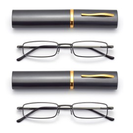 HIGHLIKE 2-Pack Slim Pocket Reading Glasses Men Women, Compact Readers Super Clear Lens, Spring Hinge Metal Frame Eyeglasses, Gunmetal Gunmetal 2.0 x