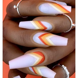 Pressaholic Press On Nails- 24 Press On Nails Style: (Sherbet Smolder) nude nails with orange accents, matte long nails, orange red, sunset nails