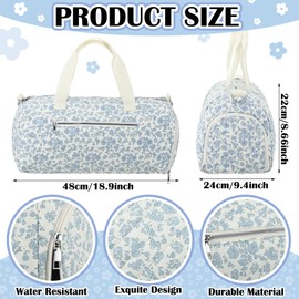 Dansydaisy Quilted Duffle Bag for Women Cotton Blue Floral Dance Bag with Adjustable Carry Strap and Handy Pouch Floral Backpack for Dancers