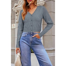Newshows Womens Fall Fashion Cropped Cardigan Open Front Button Down Knit Bolero Shrug 2025 Summer Trendy Long Sleeve V Neck Business Casual Sweaters Gray L