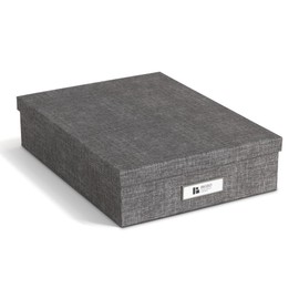 Bigso Oskar Canvas Fiberboard Document Letter Box for Important Paperwork A4 or Letter Size - Durable Keepsake Box with Lid and Metal Label Holder - 3.3in x 10.2in x 13.8in - Melange Grey