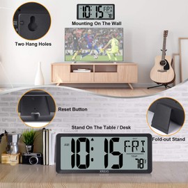 XREXS Large Digital Wall Clock, Battery Operated Alarm Clocks for Bedroom Home Decor, Count Up & Down Timer, 14.17 Inch Large LCD Screen with Time/Calendar/Temperature Display (Batteries Included)