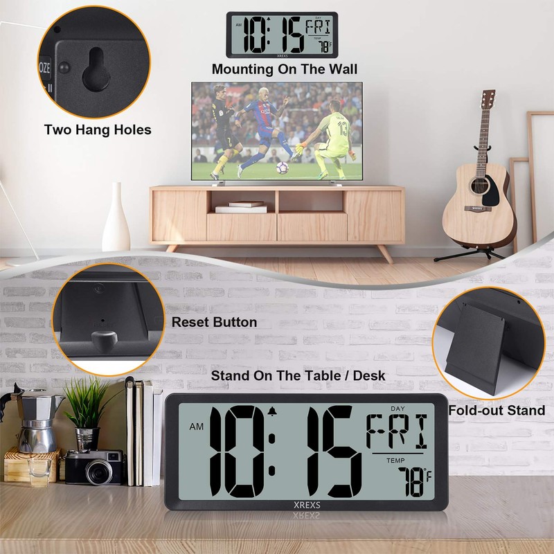 XREXS Large Digital Wall Clock, Battery Operated Alarm Clocks for