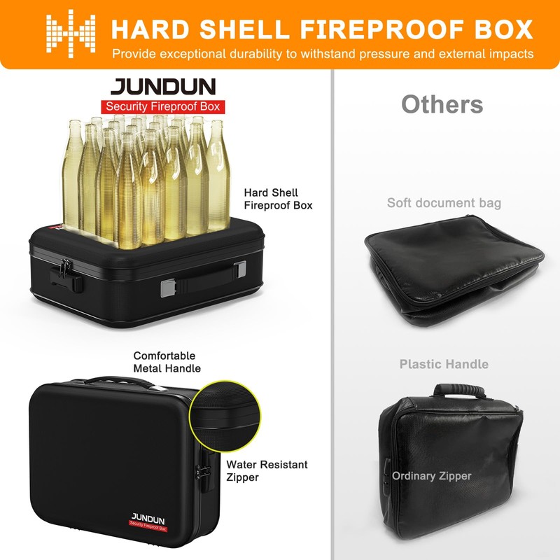 JUNDUN Fireproof Document Box,Hard Case Fireproof Document Organizer with Lock，Home