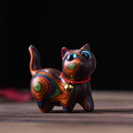 HLbshi Handmade Rainbow Wooden cat Figurine Animal Carving Statue Office Desk Study Home Decor 1.5'' (Big Eye)