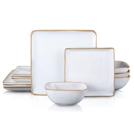 E-far Square Plates and Bowls Sets, 12-Piece Stoneware Dinnerware Sets for 4, Reactive Glaze Dish Set, Chip and Scratch Resistant, Microwave and Dishwasher Safe, Seashell White