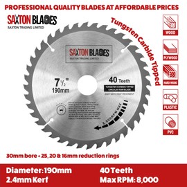 TCT19040T Saxton TCT Circular Wood Saw Blade 190mm x 30mm x bore x 40T for Bosch Makita Dewalt Fits