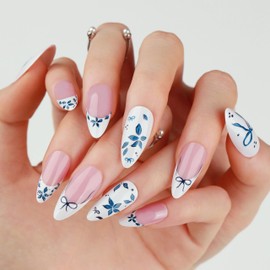BABALAL Press on Nails Almond Medium Fake Nails White French Press on Nails Blue Bow Design Acrylic Nails 24Pcs Glossy Manicure Stick on False Nails Stiletto Spring Coquette Gel Nails