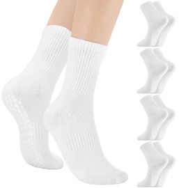 Halinuia 4 Pairs Pilates Socks Stopper Socks Women's Yoga Socks Non-Slip Grip Socks Non-Slip Socks Women's White ABS Socks for Women Pilates Yoga Dance Ballet Hospital or Home Sports, White, One size