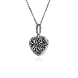 Gemondo USA Sterling Silver 925 Aquamarine & Marcasite March Birthstone Heart Locket Pendant with 45cm Cable Chain Necklace