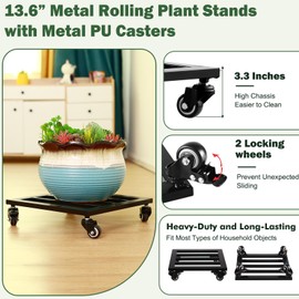 2 Packs Large Metal Square Plant Caddy with Wheels 13.6" and 12" Iron Wrought Rolling Plant Stand with PU Metal Casters Heavy-Duty Plant Dolly Indoor Outdoor Plant Roller Base Planter Movers, Black