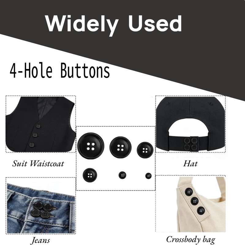 100 Pcs Black Resin Sewing Buttons, 5 Sizes 4-Hole Buttons