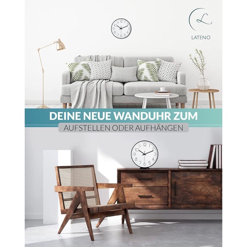 LATENO - Wall Clock for Standing or Hanging - Black