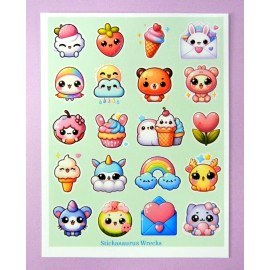 Stickasaurus Wrecks Kawaii Green Background Sticker Sheet