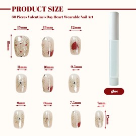 Kabwea Press On Nails Set, 30 pieces Medium Almond Shape Artificial Glue-On Nails, Red Black Design With Lines, Valentine Press On Nails