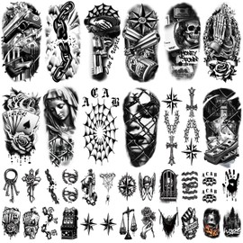 77 Sheets Prison Temporary Tattoo for Women Men, 17 Sheets Half Arm Large Black Clown Prisoner Fake Tattoos, 60 Sheets Skull Poker Tiny for Adult Kids Cosplay Party Body Tattoos Stickers Realistic