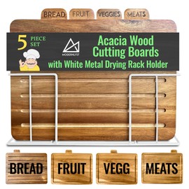 Modernlyst Acacia Cutting Boards for Kitchen with Holder 13" x 11" x 2.5" | Labeled Wood Cutting Board Sets | Large Wooden Cutting Board Set with Black Organized Stand (Acacia White Holder)