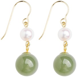 Biuhapiy HeTian Jade & Freshwater Pearl Earrings with 14K Gold Plated Hooks, Elegant Dangle Earrings for Women