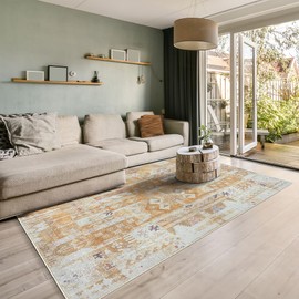 GLN Rugs Bohemian Collection - Machine Washable Area Rug, Bohemian Vintage Washable Rug, Non Slip Area Rug, Low Pile Chenille Living Room Rug, Bedroom Rug, Bathroom Rug (5'x7' Yellow Rug)