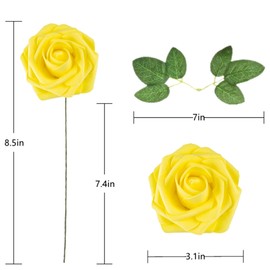 Lansdowns Artificial Flower Foam Rose 25pcs Real Looking Fake Rose with Stems Leaves for Home Decoration Party Garden Centerpieces DIY Wedding Bouquets（Yellow）