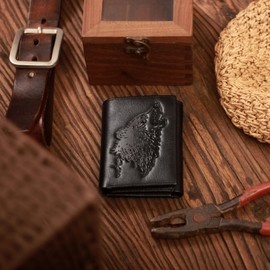 skneephate Men's Trifold Wallet,Wolf Wallets For Men Leather,Rfid Blocking,Gifts For Him Husband, black, Retro