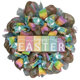 Happy Easter Pastel Wreath Handmade Deco Mesh. Available in 24 inch and 28 inch diameters.