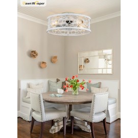 Dawn Whisper Ceiling Fans with Lights Flush Mount, 20 Inch Caged Ceiling Fans with Lights, Low Profile Ceiling Fan with Light for Bedroom Retro-White