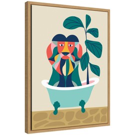 Kate and Laurel Mid Century Modern Lion in Bathtub Framed Canvas Wall Art by Rachel Lee 18 x 24 Sylvie Natural, Mid Century Modern, Animals, Bathroom, Kids Art for Wall Decor, Living Room, Bedroom