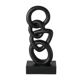 WHW Whole House Worlds Abstract Linked & Stacked Loops Art Sculpture, Black, Matte Finish, Free Standing, Mounted, Rectangular Gallery Base, Hand Cast Resin, 15,75 Inches Tall