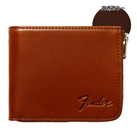 Fender 950-702 Men's Bi-fold Wallet, Genuine Leather, L-Shaped Zipper, Cowhide Leather, Guitar Pick Strap [02] Brown, 02: Brown
