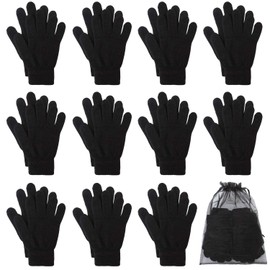 Cooraby 12 Pairs Winter Magic Gloves Stretchy Warm Knit Gloves with Mesh Storage Bag for Men or Women (Black, Length 6.8 Inches)